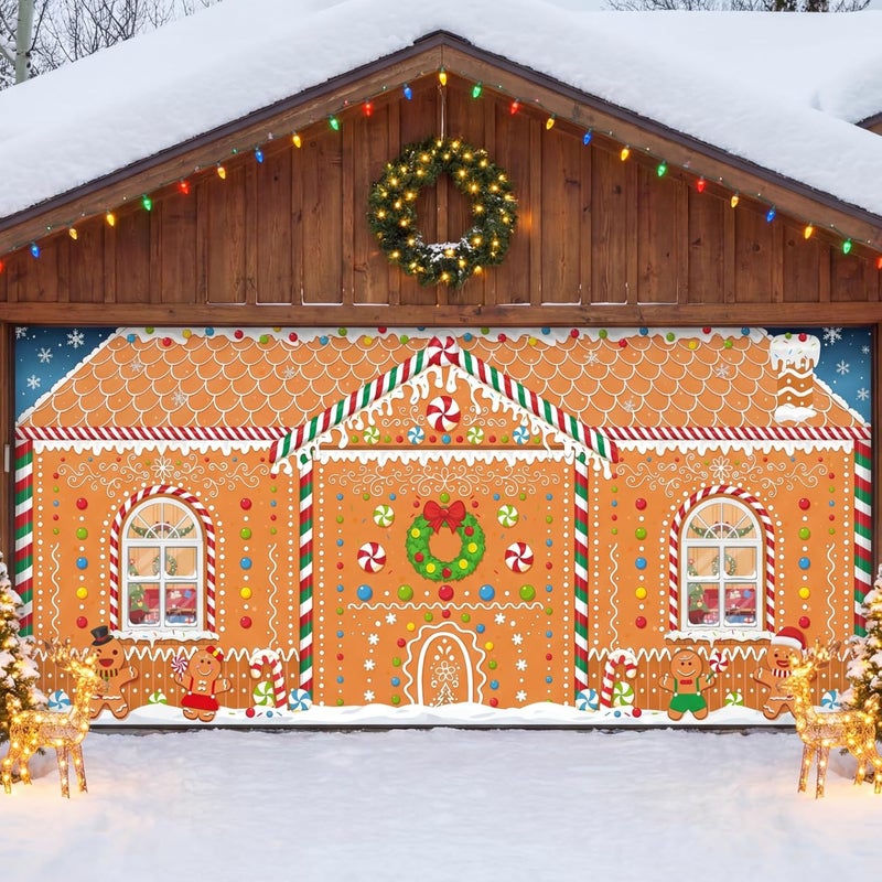 WovWeave Christmas Garage Door Cover 7 x 16 ft Banner Christmas Garage Decorations Large Winter Xmas Backdrops Door Mural for Outdoor Decoration (Gingerbread) - Image 1